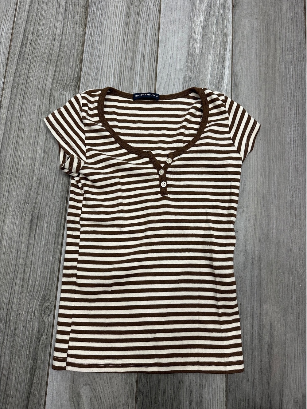 Brandy Melville Brown and White Striped Short Sleeve Top